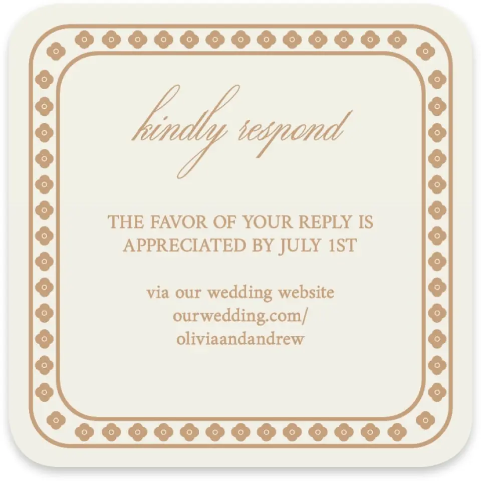 This is a 4" x 4" Wedding Invitation RSVP Postcard called Beaded Veil printed in full color with Gold foil on Luxe Satin paper