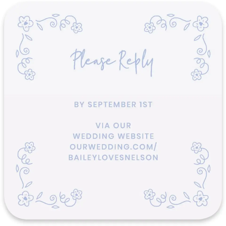 This is a 4" x 4" Wedding Invitation RSVP Postcard called Framed in Flowers printed in full color with Silver foil on Luxe Satin paper