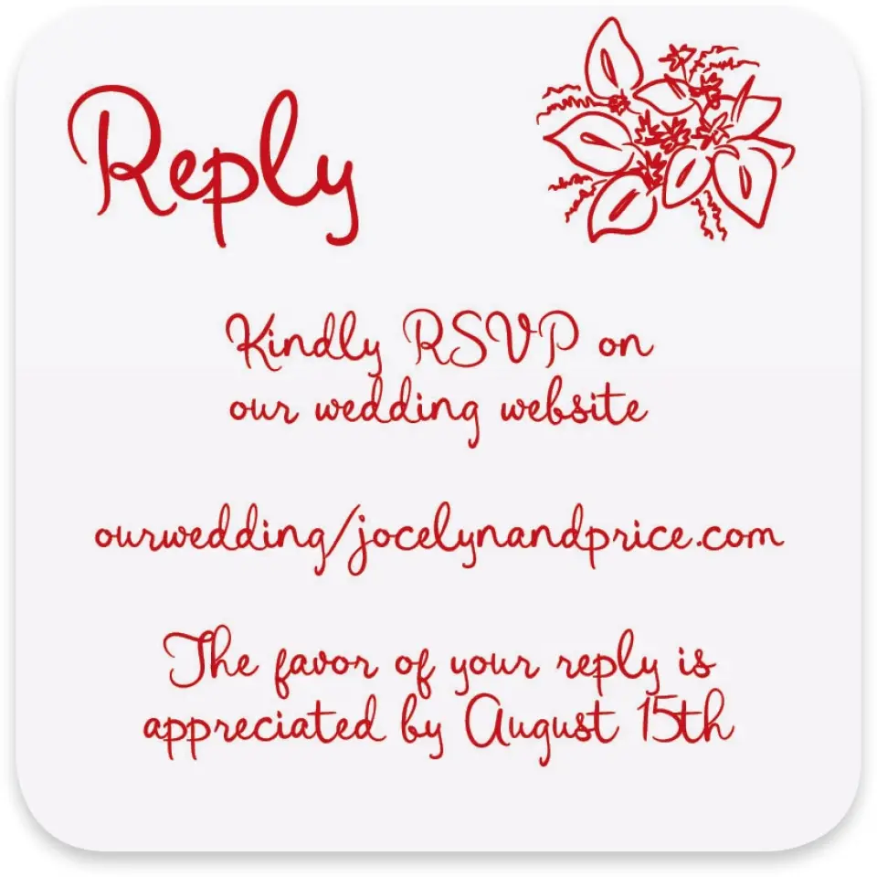 This is a 4" x 4" Wedding Invitation RSVP Postcard called Flourishing Love printed in full color with Gold foil on Luxe Satin paper
