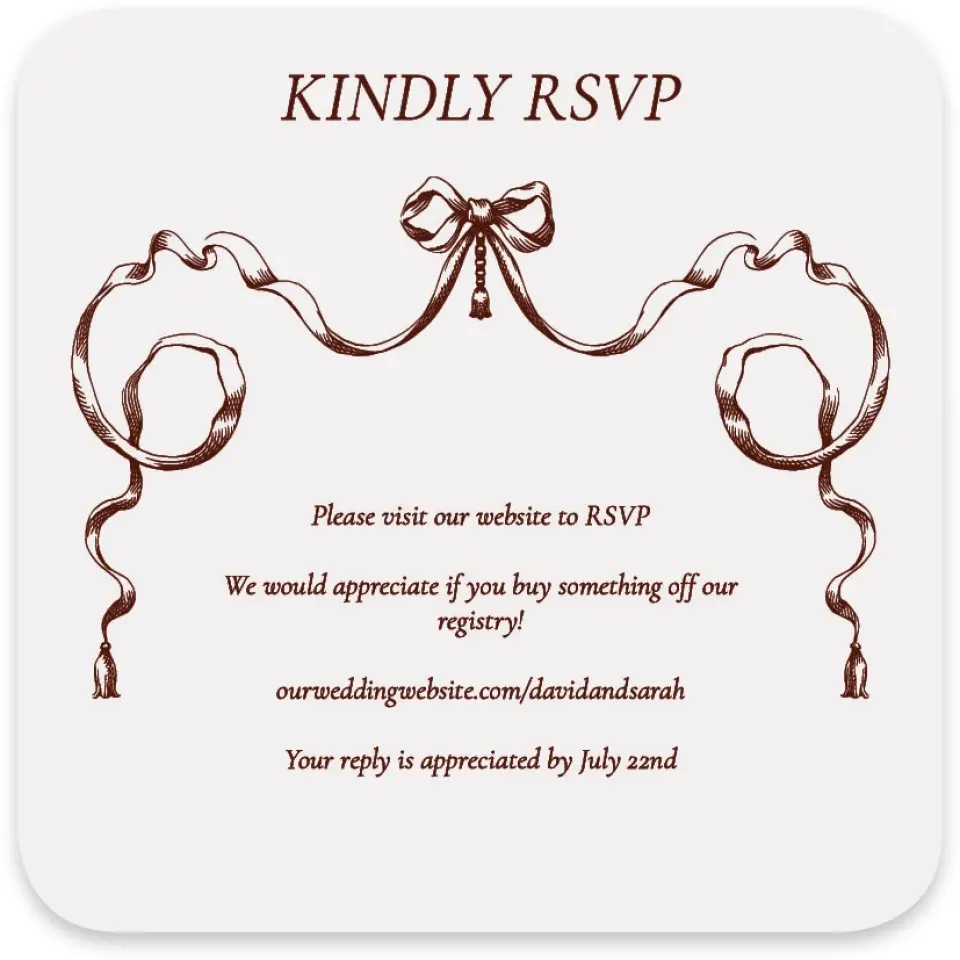 This is a 4" x 4" Wedding Invitation RSVP Postcard called Trimmed Lace printed in full color with Gold foil on Luxe Satin paper