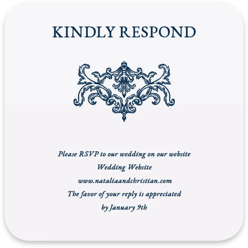 This is a 4" x 4" Wedding Invitation RSVP Postcard called Heirloom Crest printed in full color with Gold foil on Luxe Satin paper