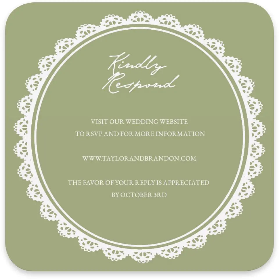 This is a 4" x 4" Wedding Invitation RSVP Postcard called Verdant Romance printed in full color with Gold foil on Luxe Satin paper