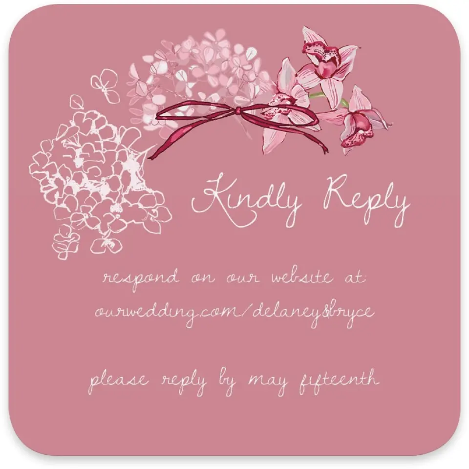 This is a 4" x 4" Wedding Invitation RSVP Postcard called Blushing Whimsy printed in full color with Gold foil on Luxe Satin paper