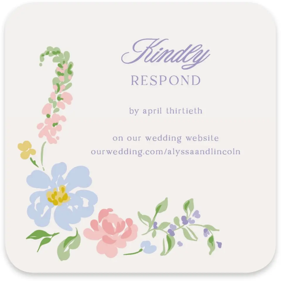 This is a 4" x 4" Wedding Invitation RSVP Postcard called Gentle Garden printed in full color with Gold foil on Luxe Satin paper
