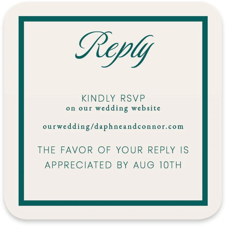 This is a 4" x 4" Wedding Invitation RSVP Postcard called Faithful Frame printed in full color with Gold foil on Luxe Satin paper