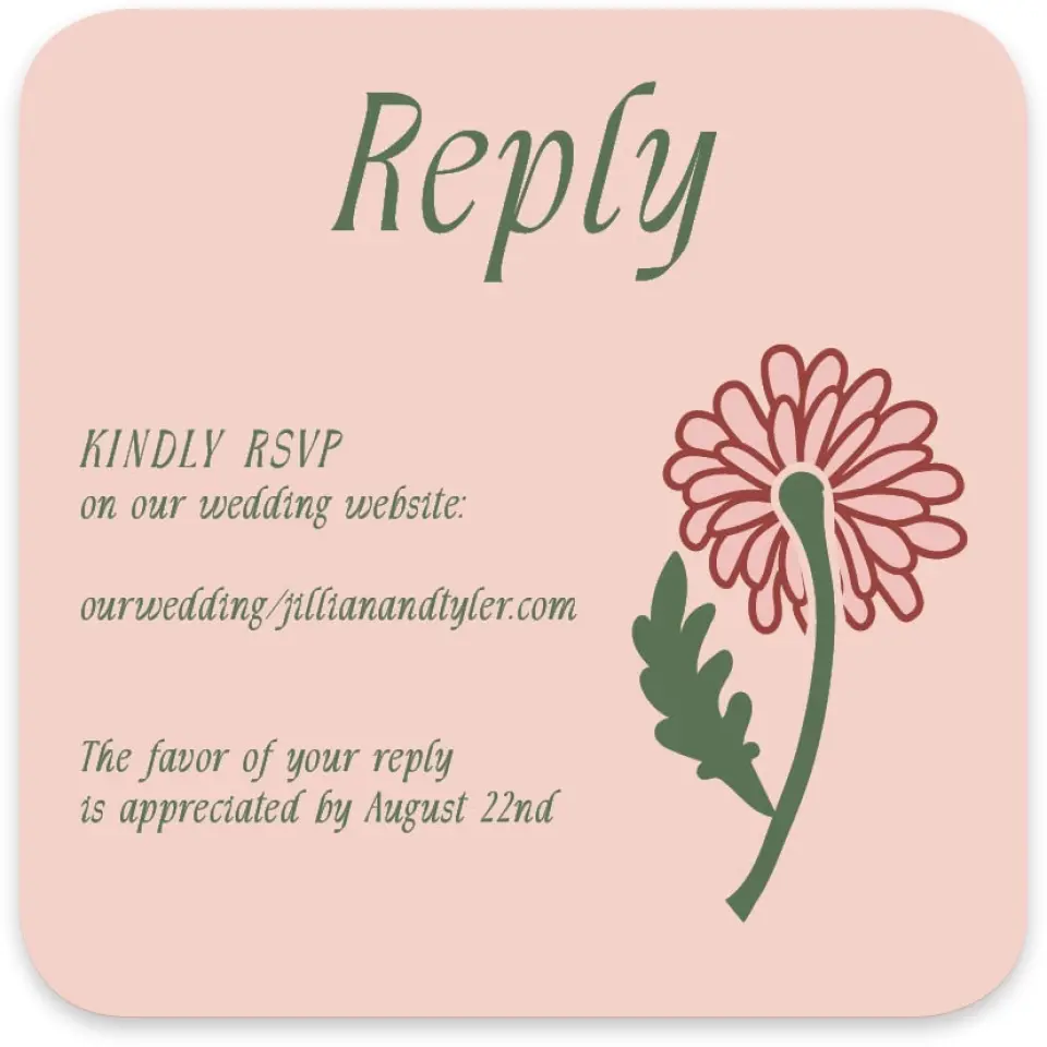 This is a 4" x 4" Wedding Invitation RSVP Postcard called Regal Garden printed in full color with Gold foil on Luxe Satin paper