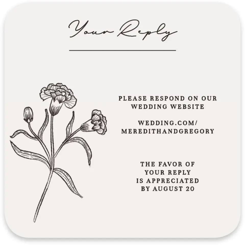 This is a 4" x 4" Wedding Invitation RSVP Postcard called Opulent Endearment printed in full color with Gold foil on Luxe Satin paper