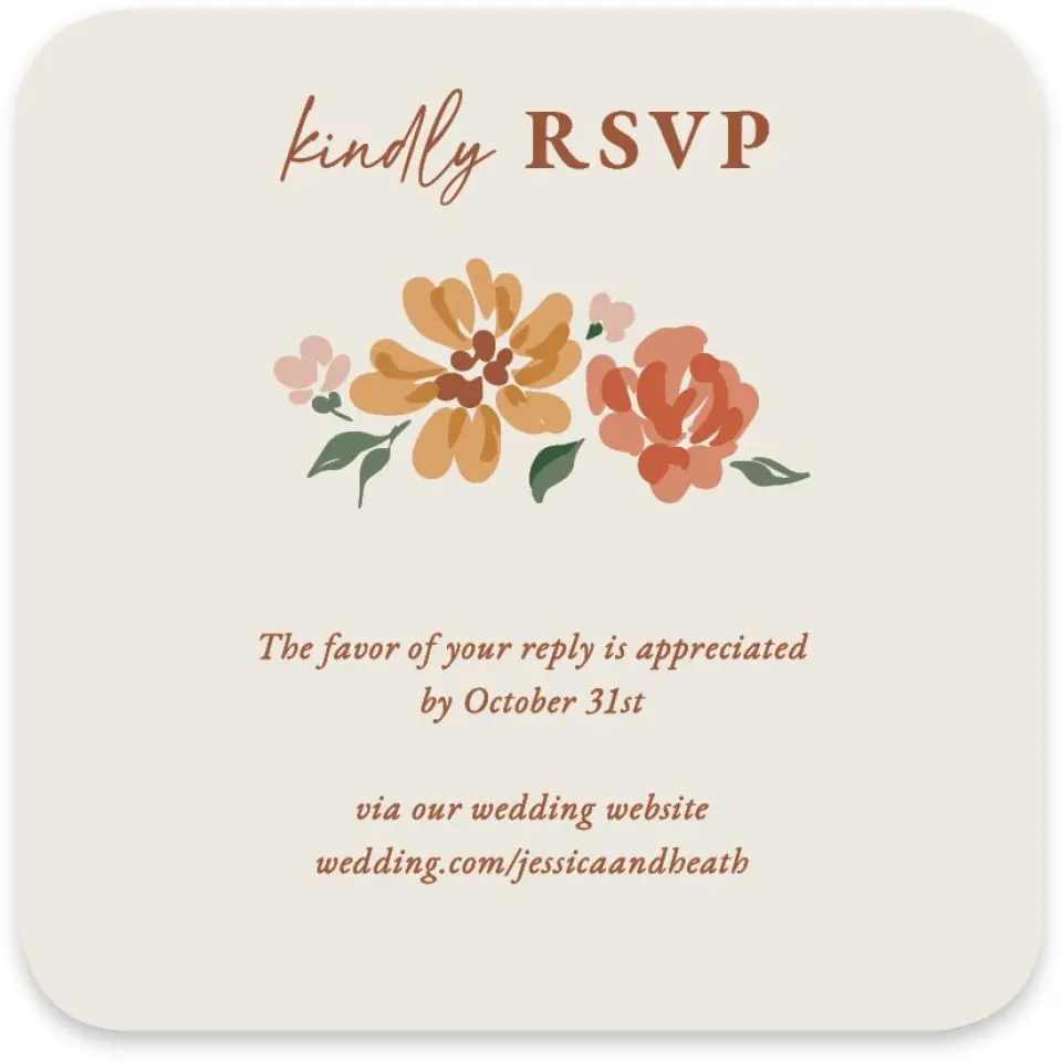 This is a 4" x 4" Wedding Invitation RSVP Postcard called Plush Petals printed in full color with Silver foil on Luxe Satin paper
