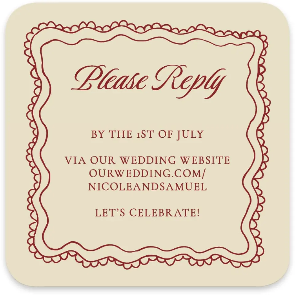 This is a 4" x 4" Wedding Invitation RSVP Postcard called Bloom & Crest printed in full color with Gold foil on Luxe Satin paper