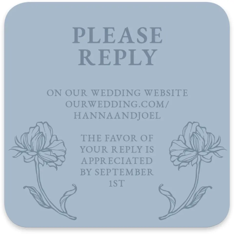 This is a 4" x 4" Wedding Invitation RSVP Postcard called Pressed Petals printed in full color with Gold foil on Luxe Satin paper