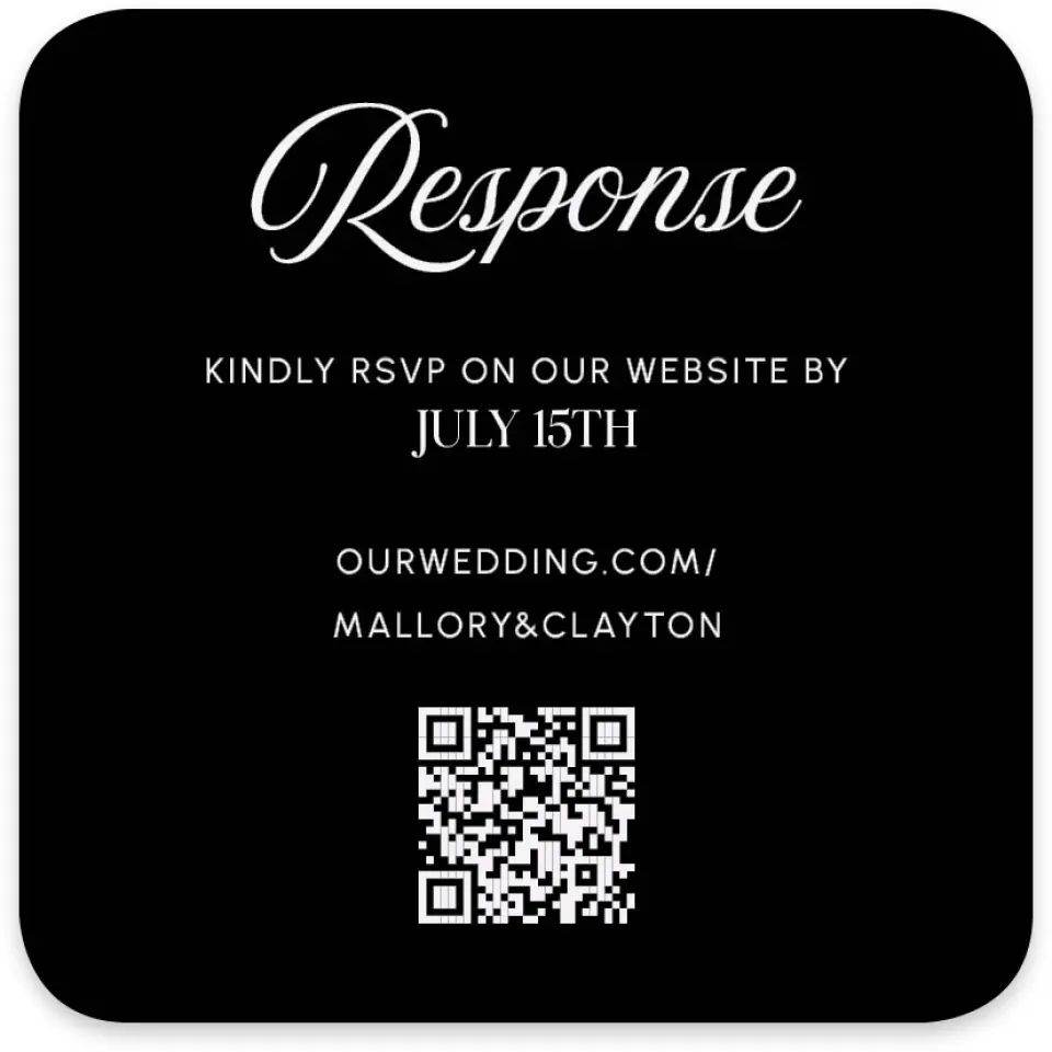 This is a 4" x 4" Wedding Invitation RSVP Postcard called The Mallory printed in full color with Rose Gold foil on Luxe Satin paper