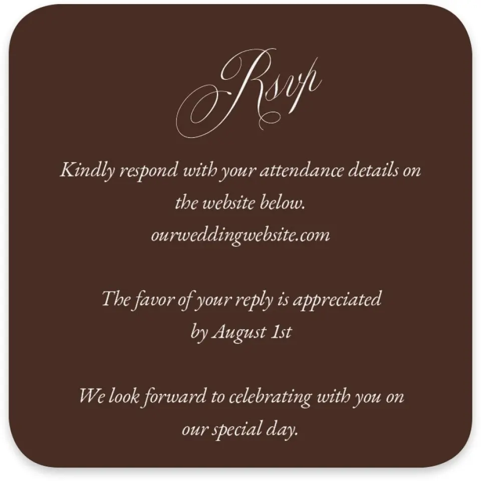 This is a 4" x 4" Wedding Invitation RSVP Postcard called The Isabelle printed in full color on Luxe Satin paper