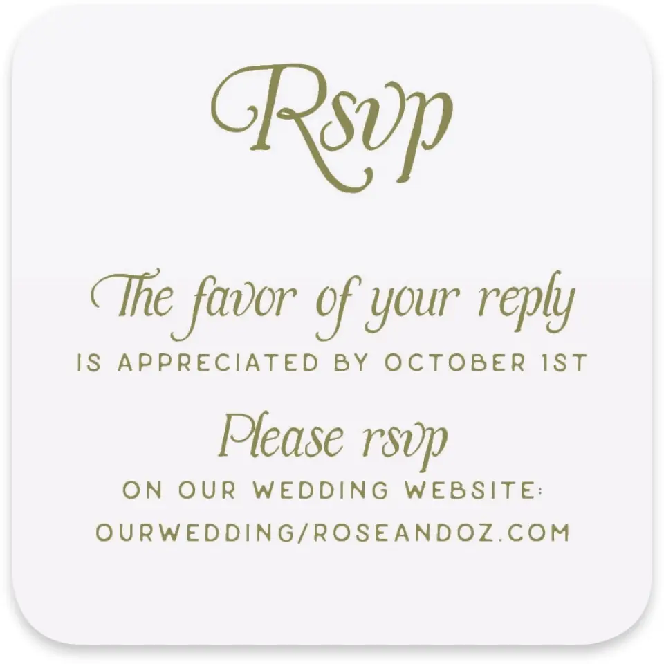 This is a 4" x 4" Wedding Invitation RSVP Postcard called The Rosemary printed in full color with Rose Gold foil on Luxe Satin paper