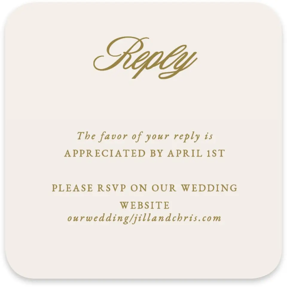 This is a 4" x 4" Wedding Invitation RSVP Postcard called The Jillian printed in full color on Luxe Satin paper