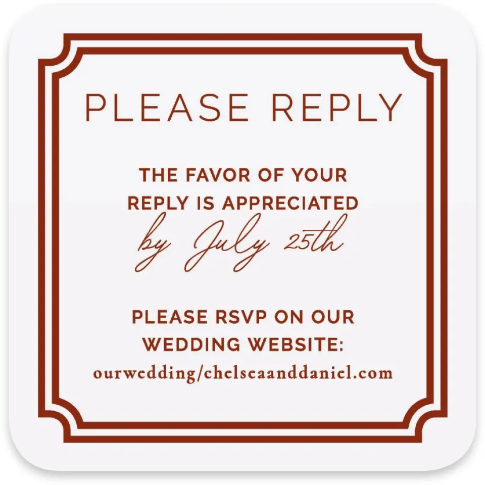This is a 4" x 4" Wedding Invitation RSVP Postcard called The Chelsea printed in full color with Gold foil on Luxe Satin paper