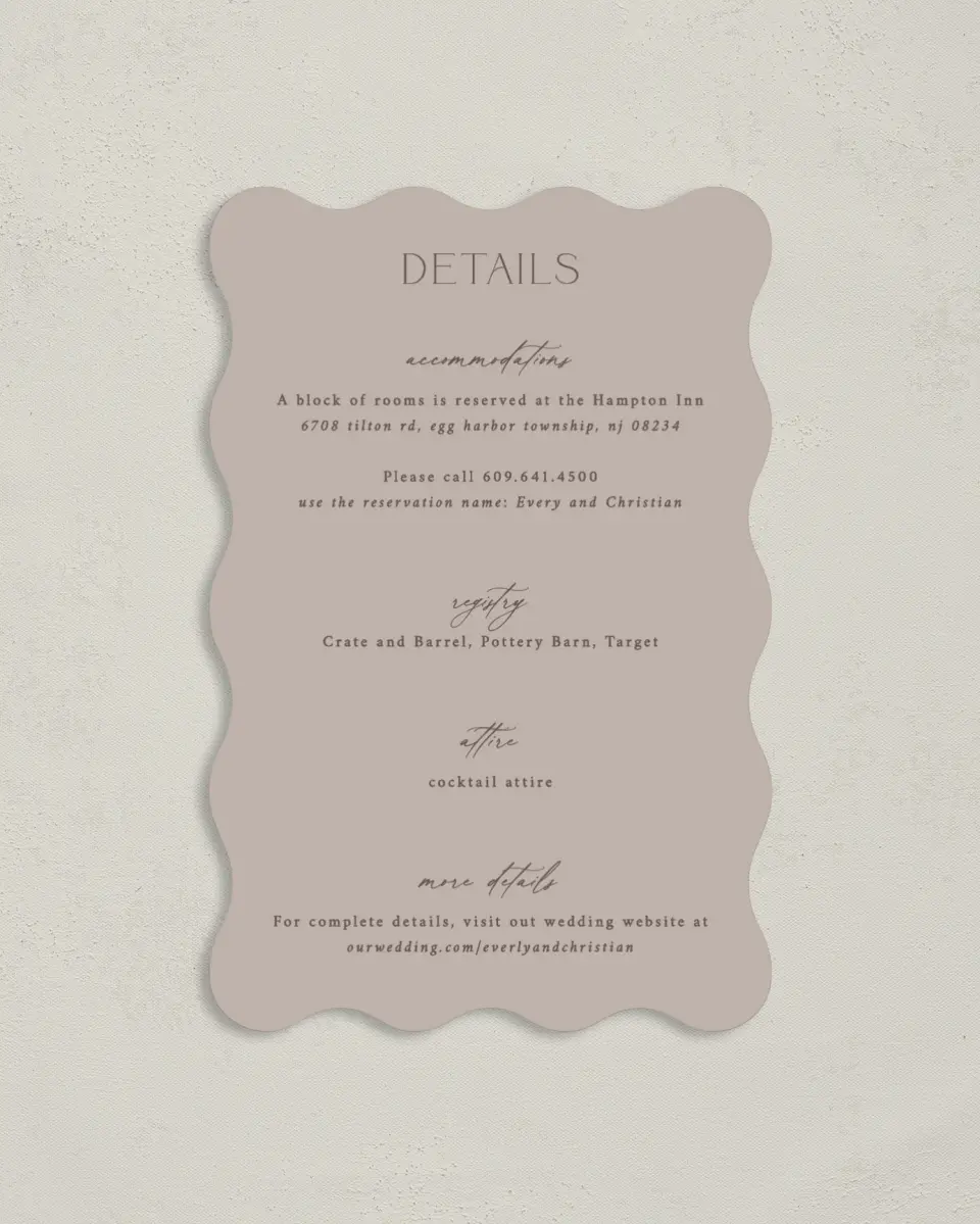 This is a 4" x 6" Wedding Invitation Enclosure Card called The Everly printed in full color on Luxe Satin paper