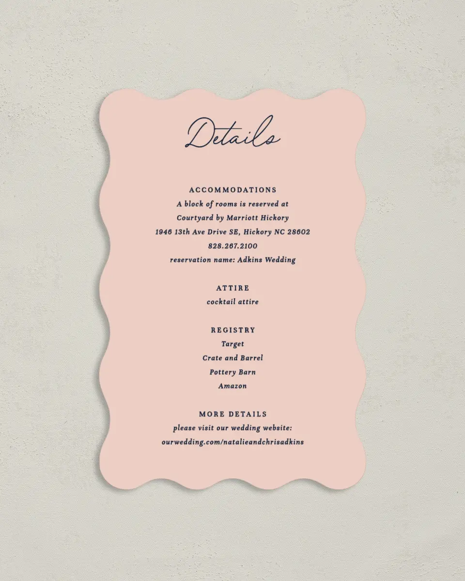 This is a 4" x 6" Wedding Invitation Enclosure Card called The Natalie printed in full color on Luxe Satin paper