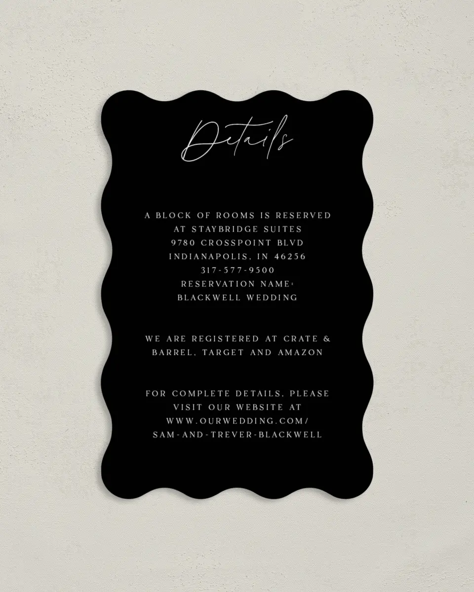 This is a 4" x 6" Wedding Invitation Enclosure Card called The Samantha printed in full color on Luxe Satin paper