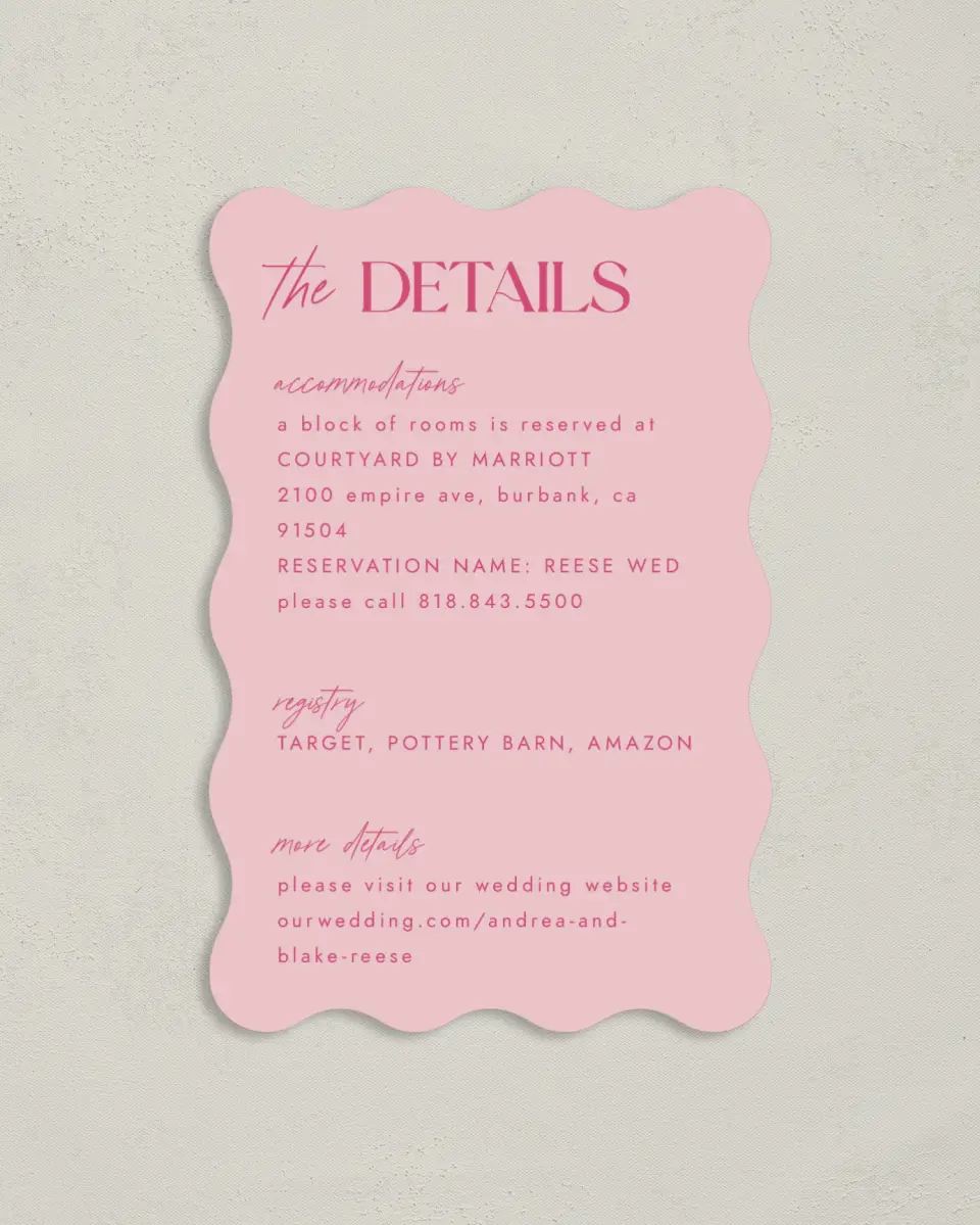 This is a 4" x 6" Wedding Invitation Enclosure Card called The Andrea printed in full color on Luxe Satin paper