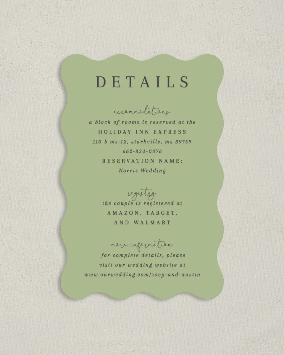 This is a 4" x 6" Wedding Invitation Enclosure Card called The Zoey printed in full color on Luxe Satin paper