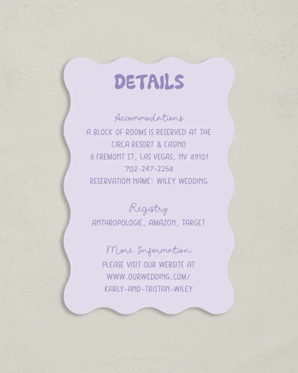 This is a 4" x 6" Wedding Invitation Enclosure Card called The Karly printed in full color on Luxe Satin paper