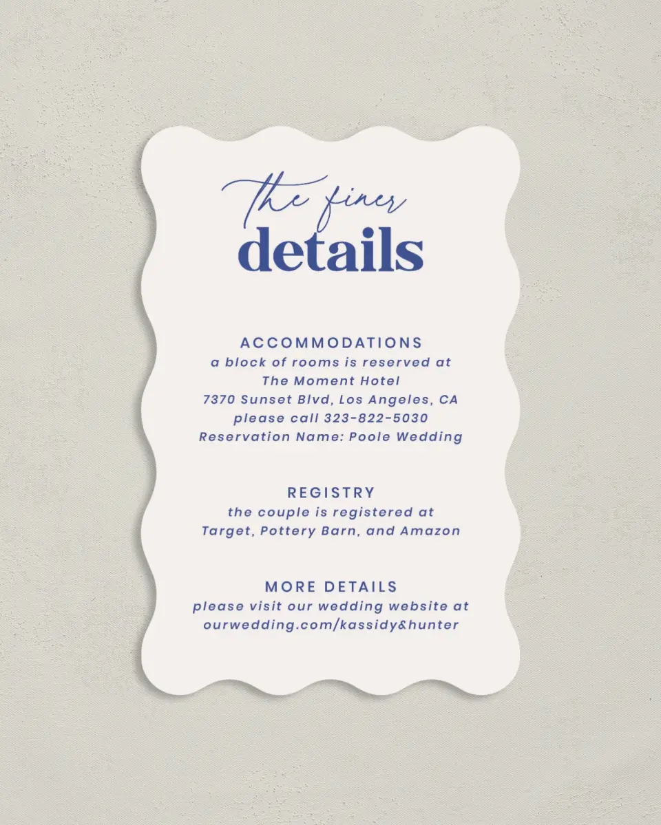 This is a 4" x 6" Wedding Invitation Enclosure Card called The Kassidy printed in full color on Luxe Satin paper