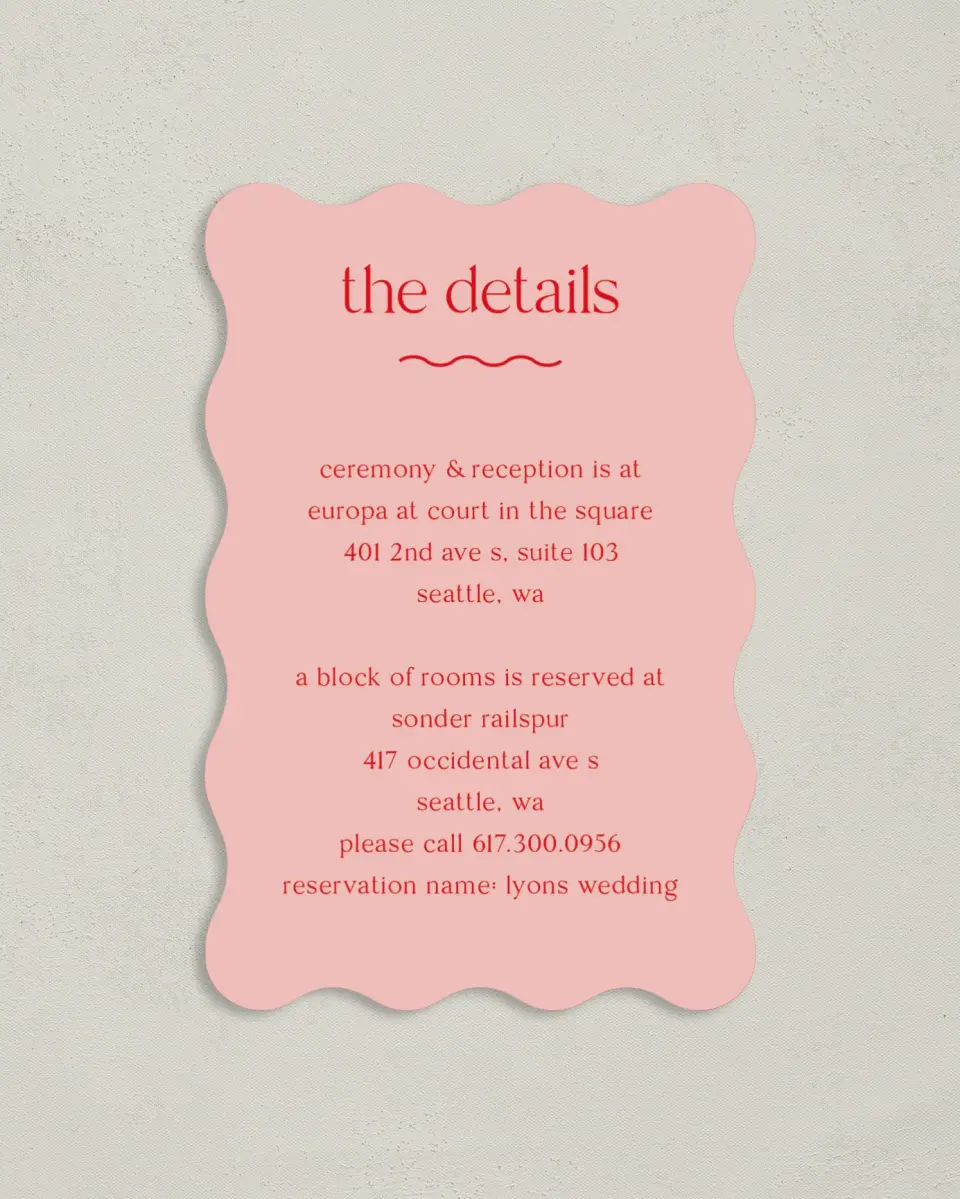This is a 4" x 6" Wedding Invitation Enclosure Card called The Delaney printed in full color on Luxe Satin paper
