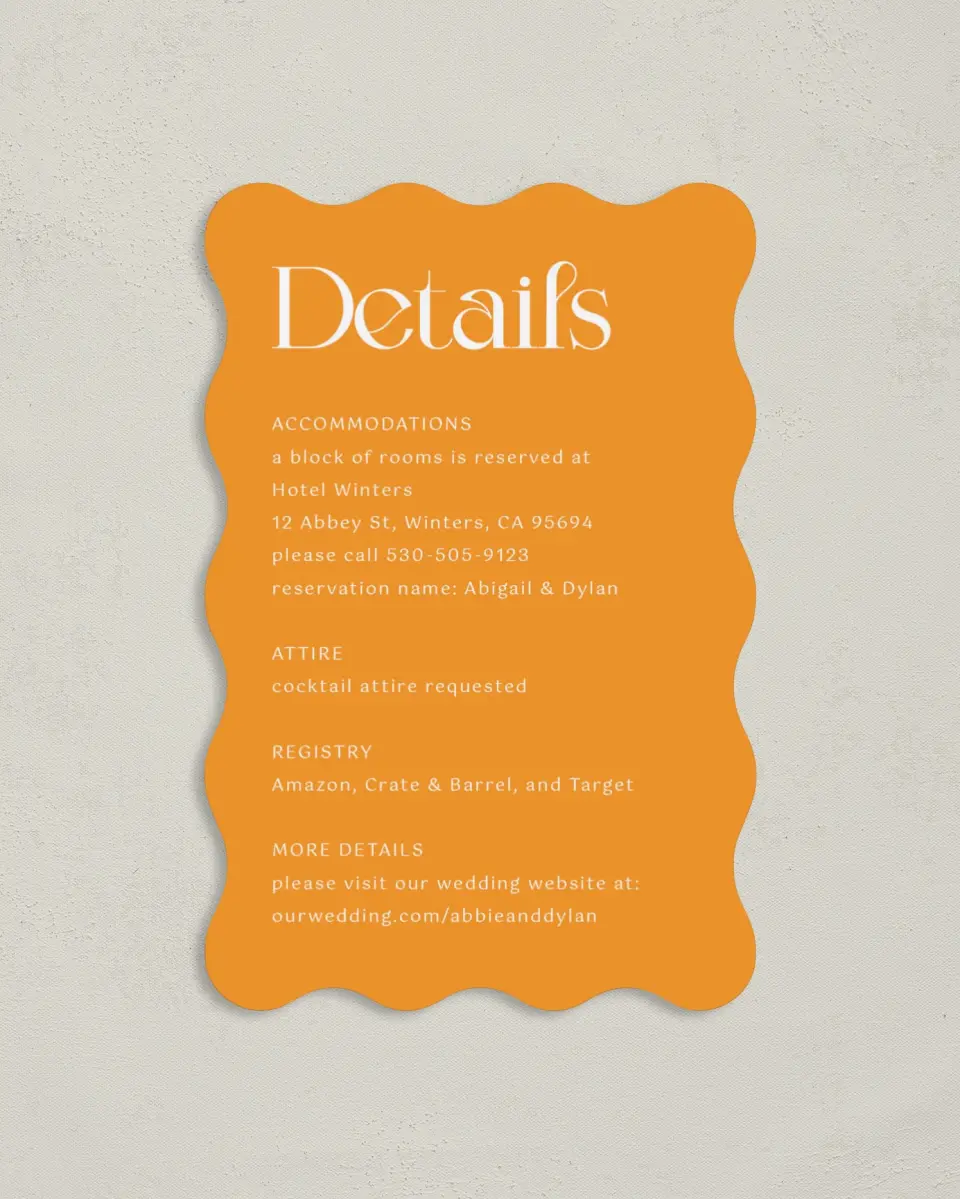 This is a 4" x 6" Wedding Invitation Enclosure Card called The Abigail printed in full color on Luxe Satin paper