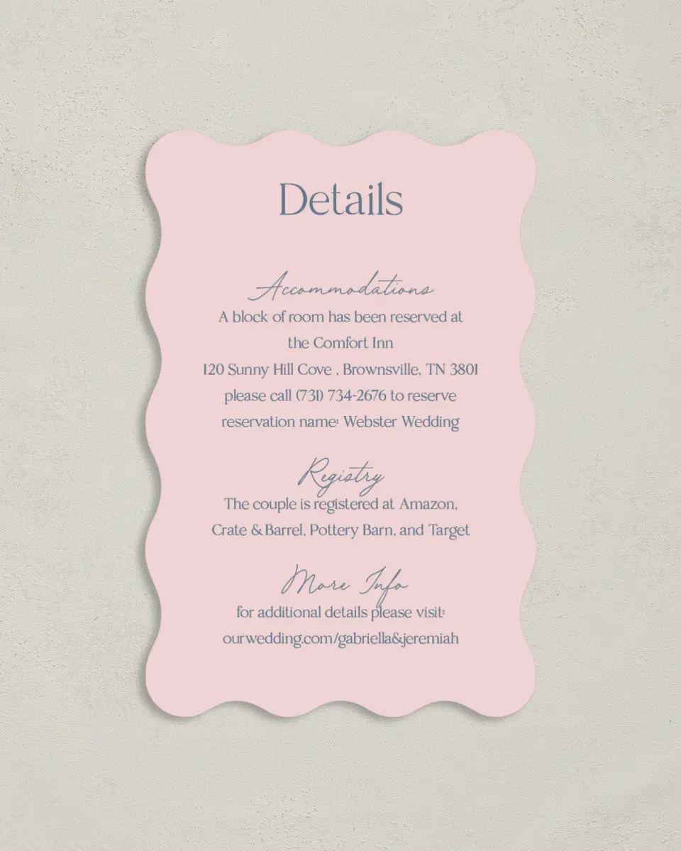 This is a 4" x 6" Wedding Invitation Enclosure Card called The Gabriella printed in full color on Luxe Satin paper