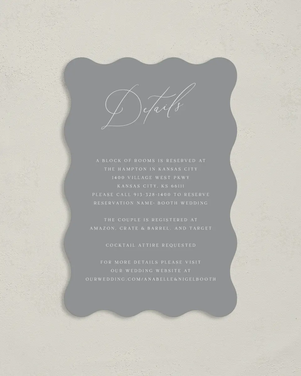 This is a 4" x 6" Wedding Invitation Enclosure Card called The Anabelle printed in full color on Luxe Satin paper