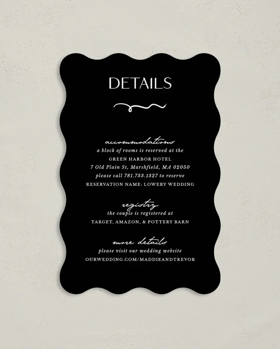 This is a 4" x 6" Wedding Invitation Enclosure Card called The Madison printed in full color on Luxe Satin paper