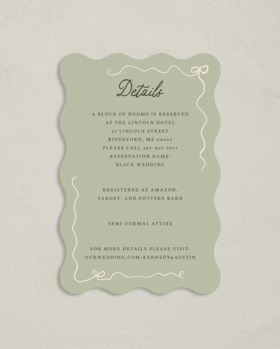 This is a 4" x 6" Wedding Invitation Enclosure Card called The Kennedy printed in full color on Luxe Satin paper