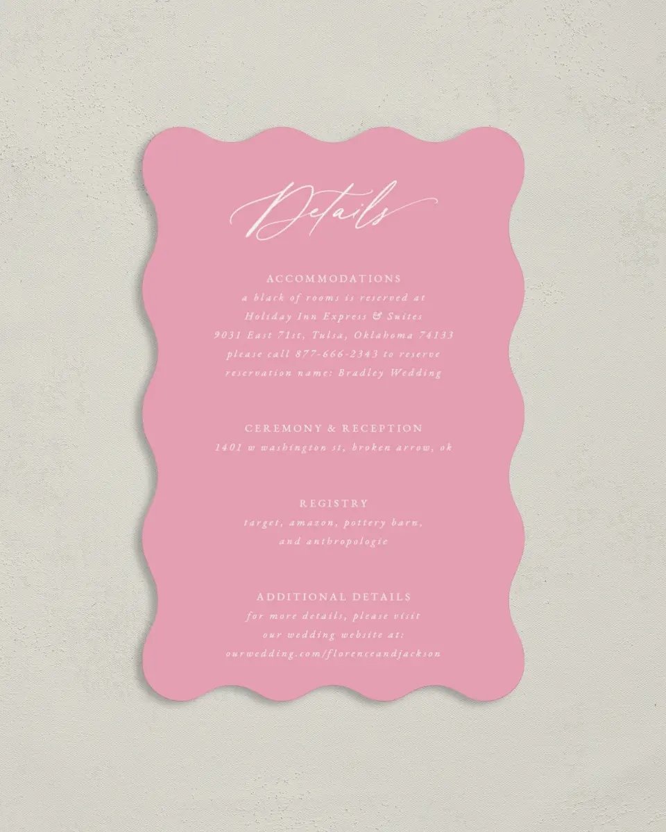 This is a 4" x 6" Wedding Invitation Enclosure Card called The Florence printed in full color on Luxe Satin paper