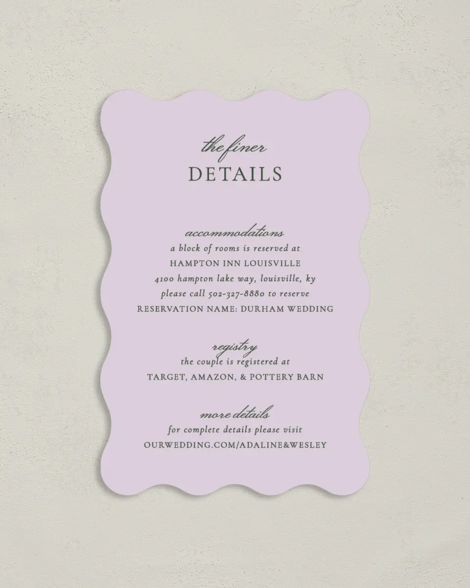 This is a 4" x 6" Wedding Invitation Enclosure Card called The Adaline printed in full color on Luxe Satin paper