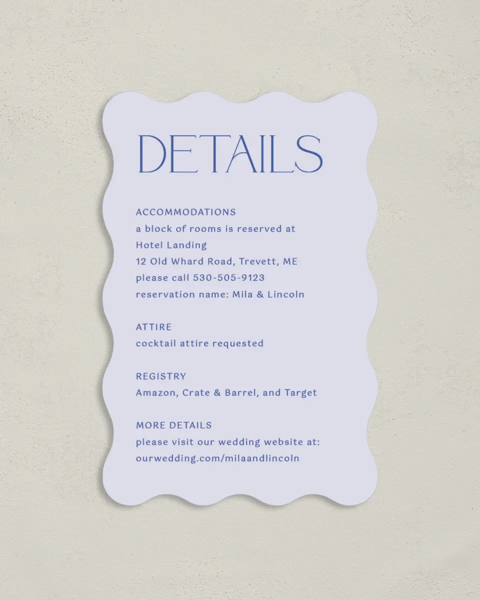 This is a 4" x 6" Wedding Invitation Enclosure Card called The Mila printed in full color on Luxe Satin paper
