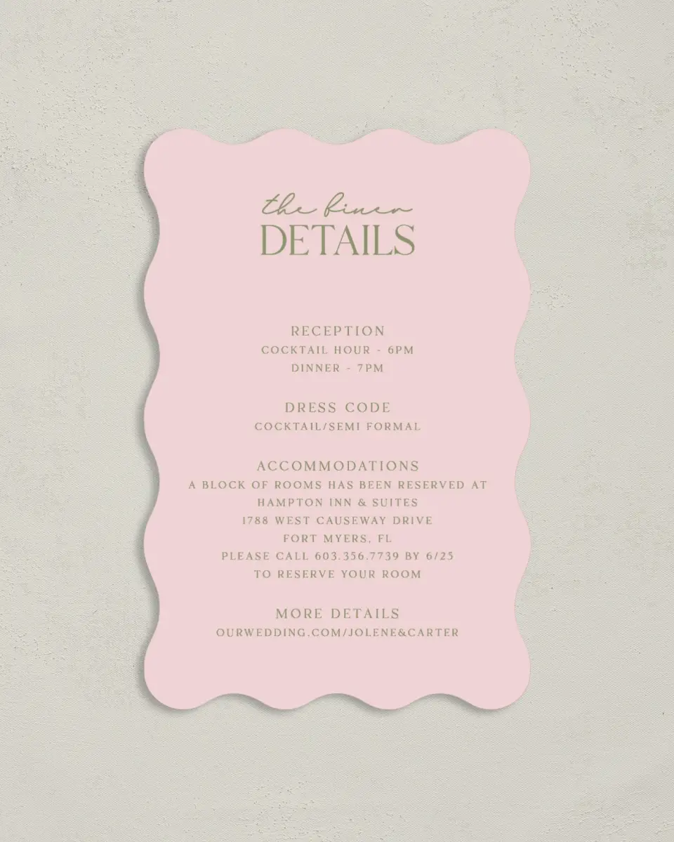 This is a 4" x 6" Wedding Invitation Enclosure Card called The Jolene printed in full color on Luxe Satin paper