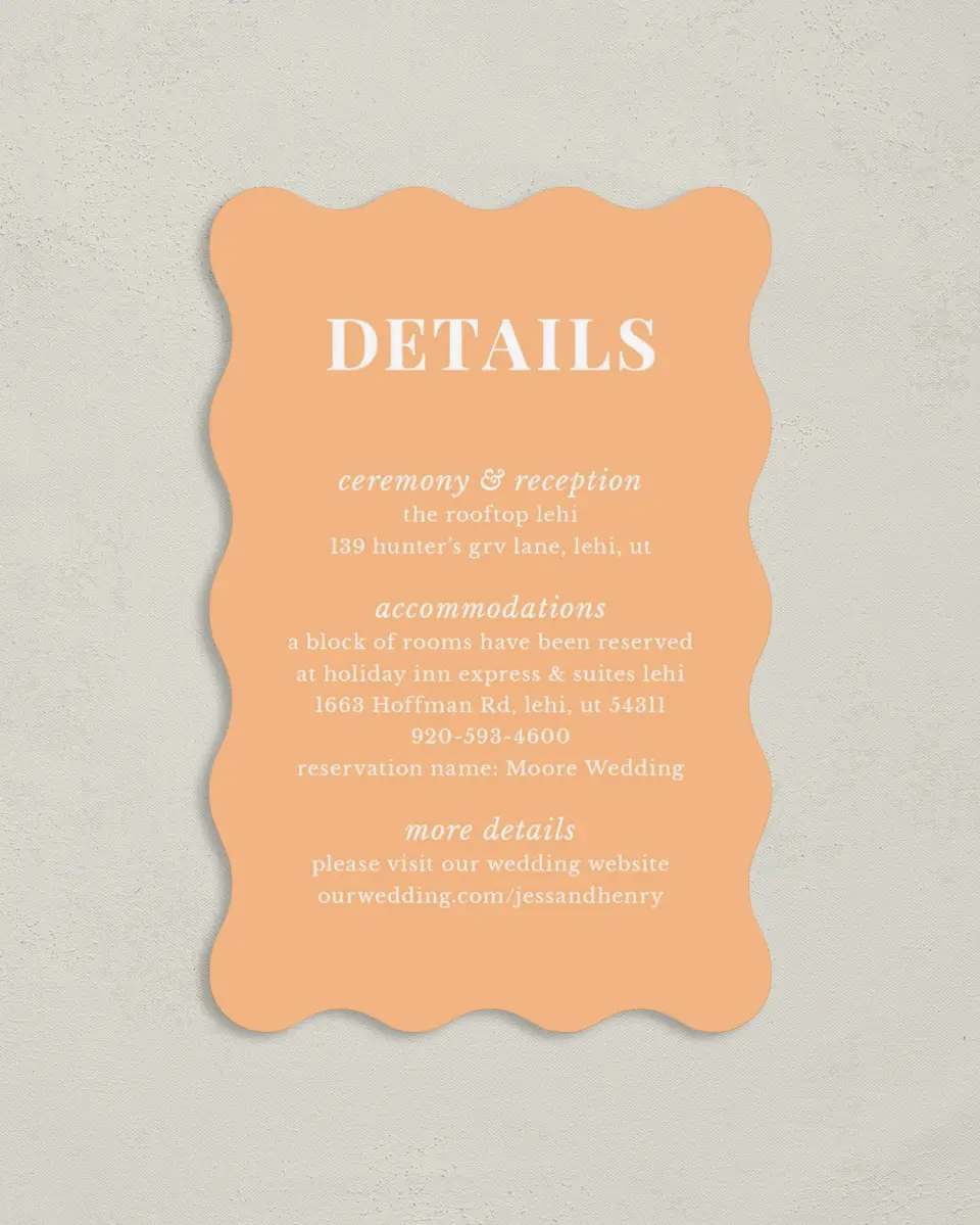 This is a 4" x 6" Wedding Invitation Enclosure Card called The Jess printed in full color on Luxe Satin paper