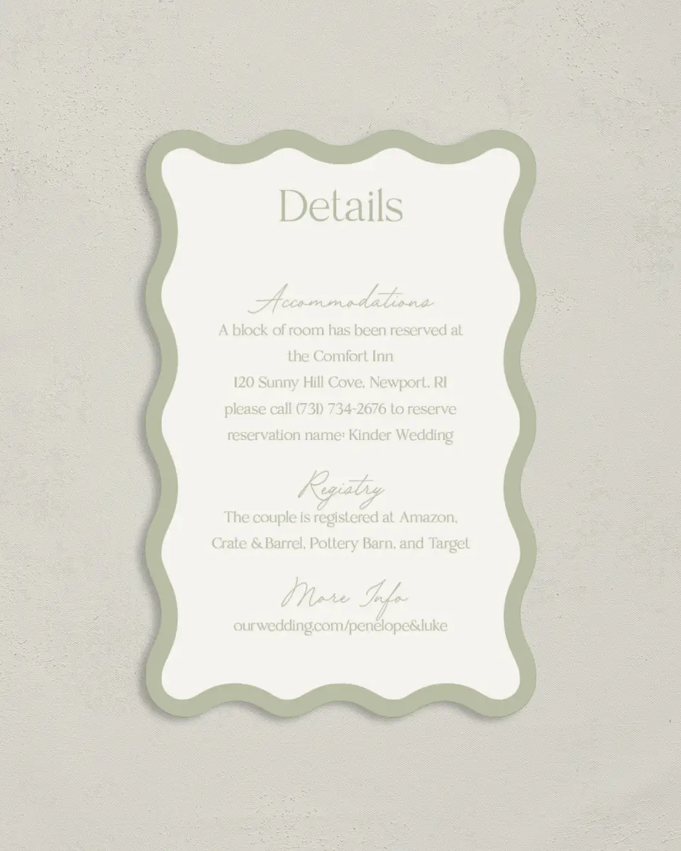 This is a 4" x 6" Wedding Invitation Enclosure Card called The Penelope printed in full color on Luxe Satin paper