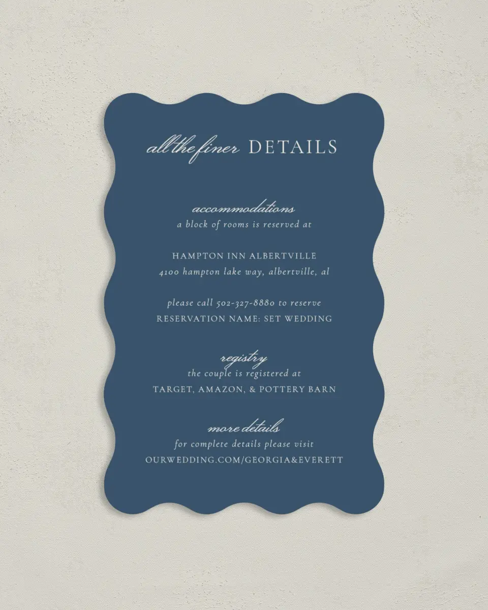 This is a 4" x 6" Wedding Invitation Enclosure Card called The Georgia printed in full color on Luxe Satin paper