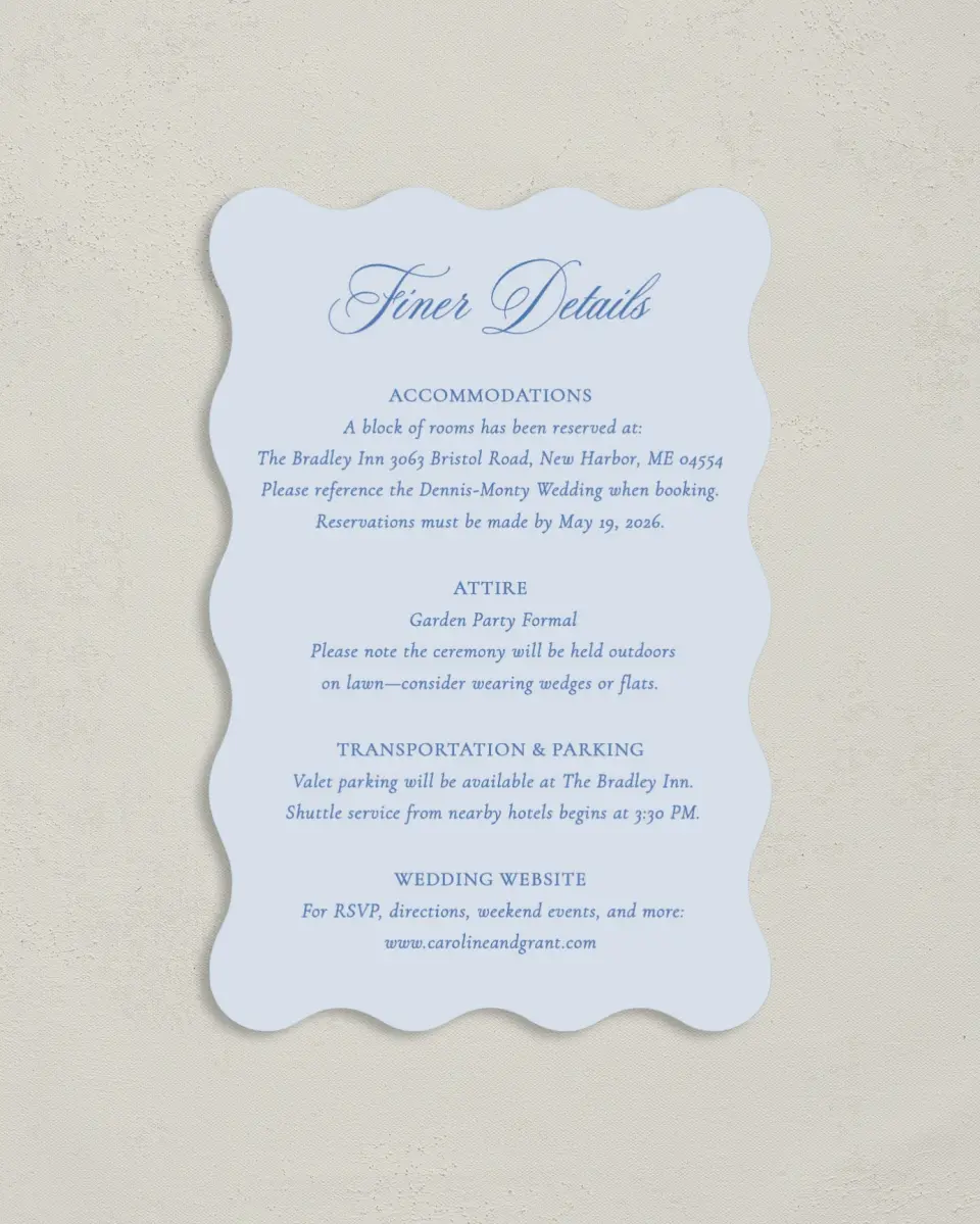 This is a 4" x 6" Wedding Invitation Enclosure Card called Bradley printed in full color with Rose Gold foil on Luxe Satin paper