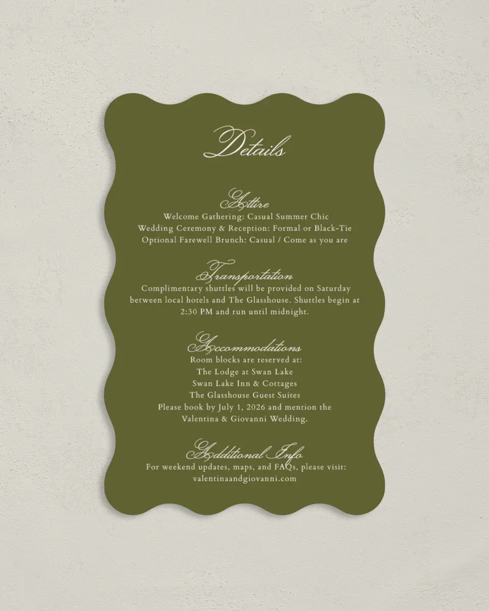 This is a 4" x 6" Wedding Invitation Enclosure Card called Holloway printed in full color with Rose Gold foil on Luxe Satin paper