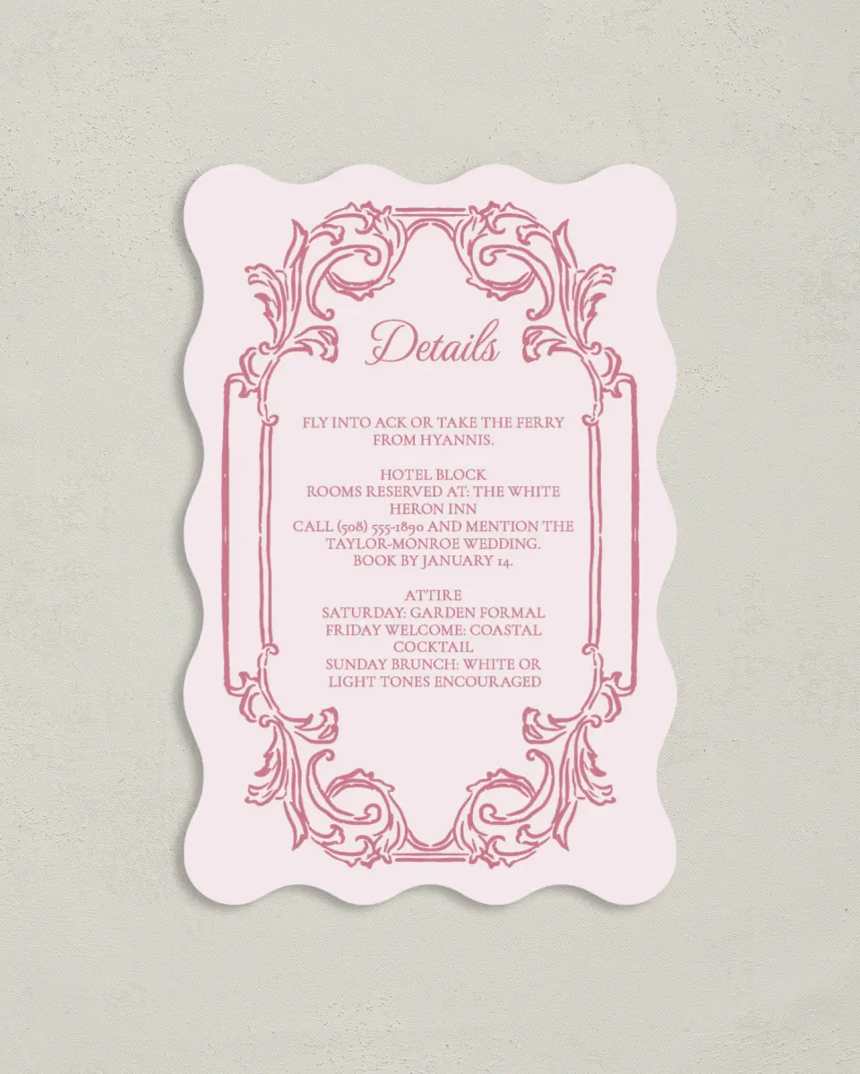 This is a 4" x 6" Wedding Invitation Enclosure Card called Nantucket printed in full color on Luxe Satin paper