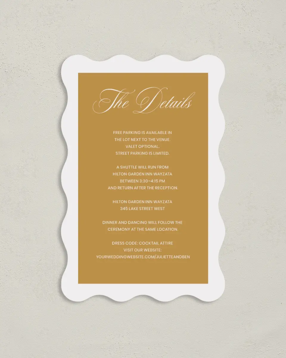 This is a 4" x 6" Wedding Invitation Enclosure Card called Wayzata printed in full color on Luxe Satin paper