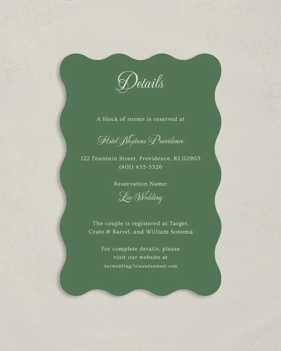 This is a 4" x 6" Wedding Invitation Enclosure Card called Warwick printed in full color on Luxe Satin paper