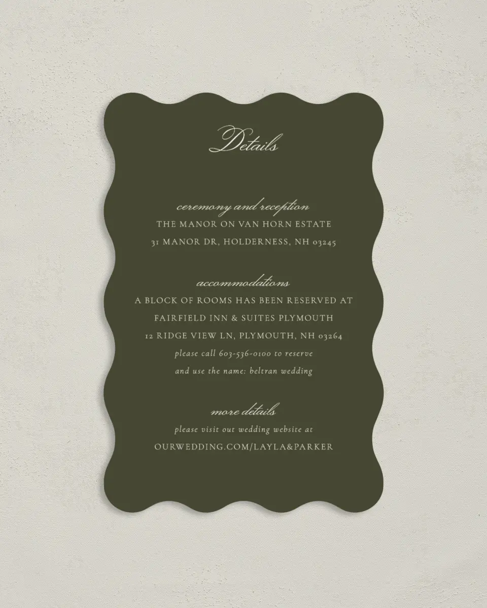 This is a 4" x 6" Wedding Invitation Enclosure Card called Holderness printed in full color on Luxe Satin paper