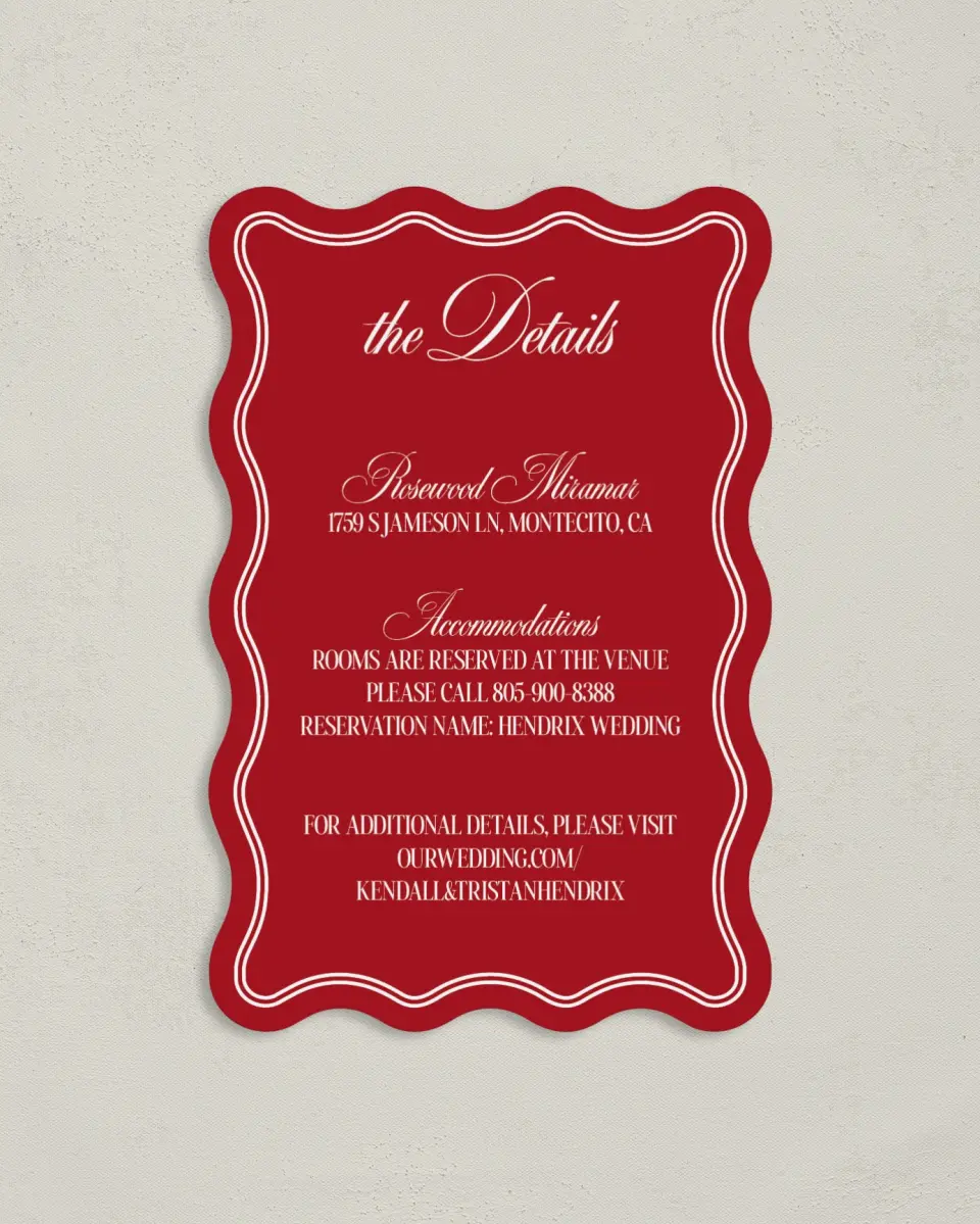 This is a 4" x 6" Wedding Invitation Enclosure Card called Montecito printed in full color on Luxe Satin paper