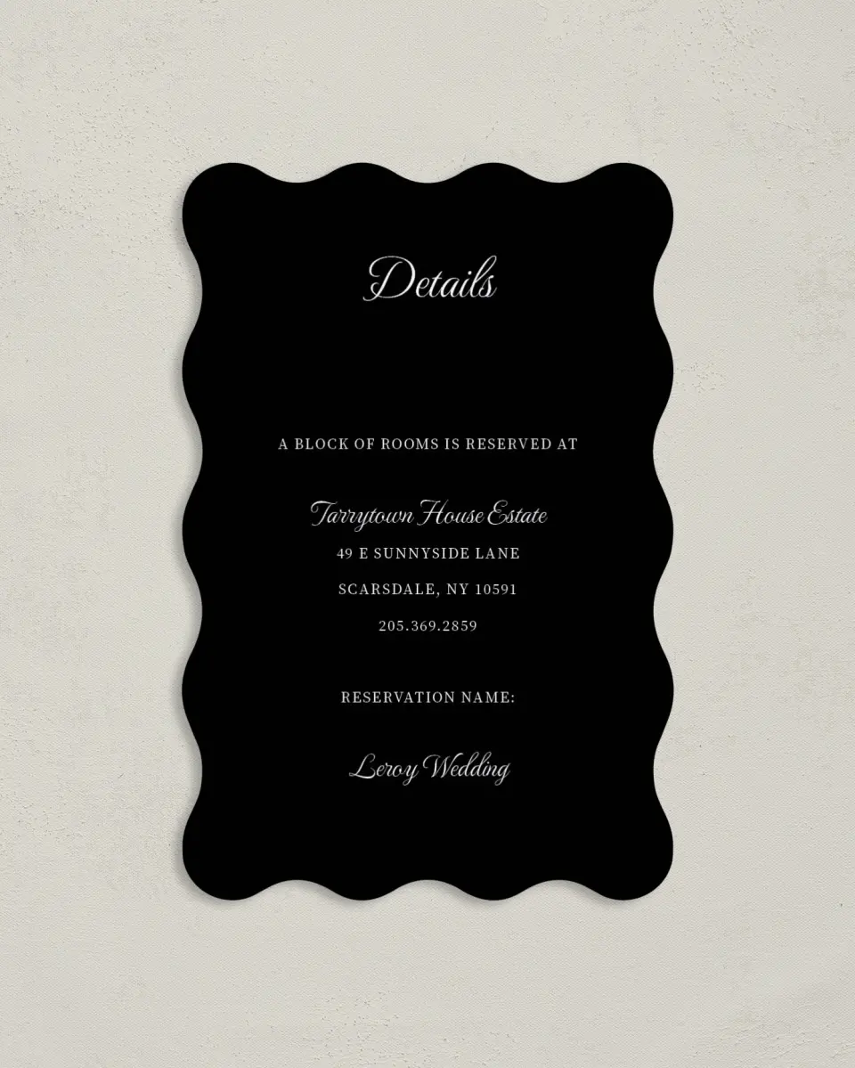 This is a 4" x 6" Wedding Invitation Enclosure Card called Scarsdale printed in full color on Luxe Satin paper