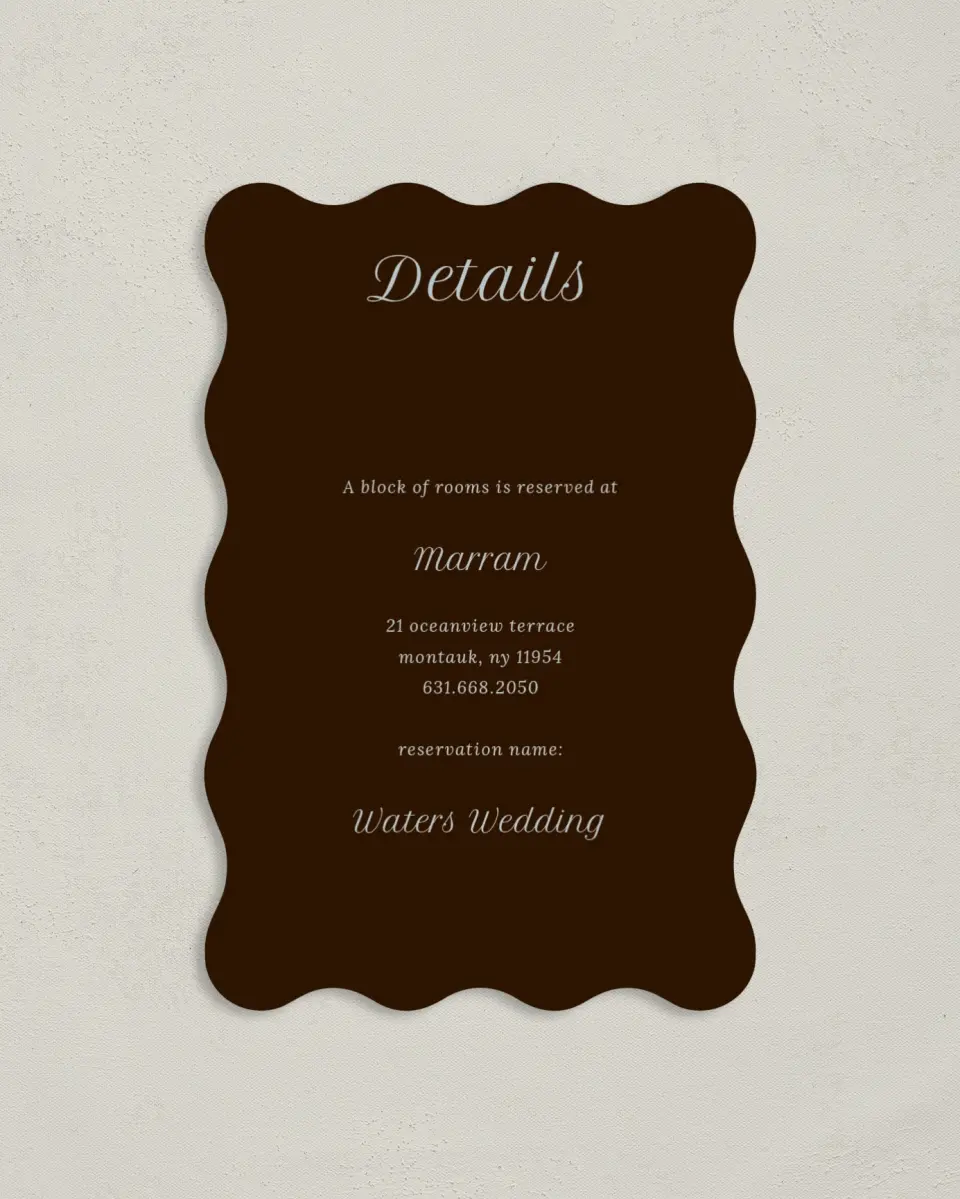 This is a 4" x 6" Wedding Invitation Enclosure Card called Montauk printed in full color on Luxe Satin paper