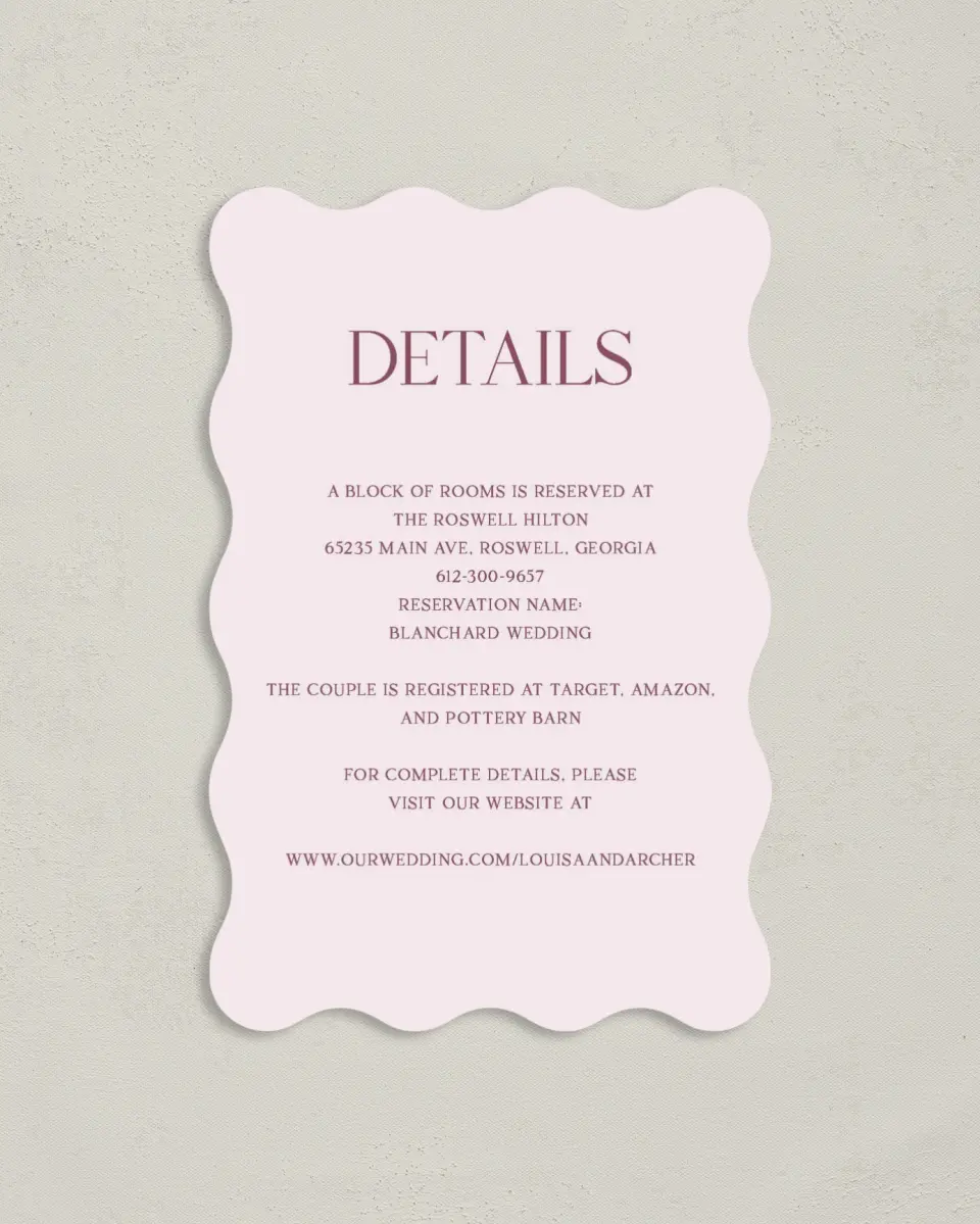 This is a 4" x 6" Wedding Invitation Enclosure Card called Roswell printed in full color on Luxe Satin paper
