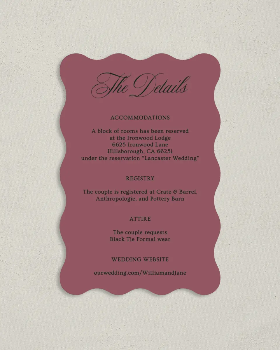 This is a 4" x 6" Wedding Invitation Enclosure Card called Hillsborough printed in full color on Luxe Satin paper